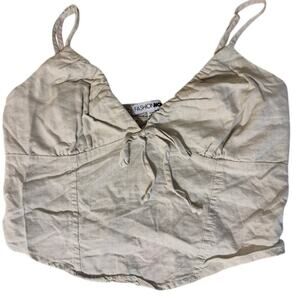 Womens Y2K Babydoll Cropped Tank Top Cami Medium‎ Linen Neutral Coquette Boho